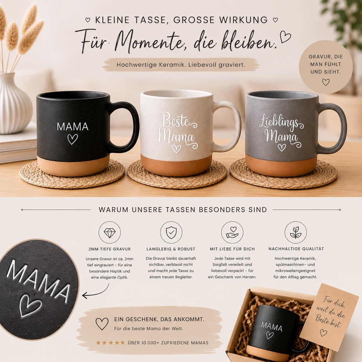 Personalisierbare Keramik Tasse Muttertag Geschenk | Trendige Kaffeetasse mit Gravur "Mama"& Herzmotiv | Stilvoll, Geschenkidee für Sie Ihn