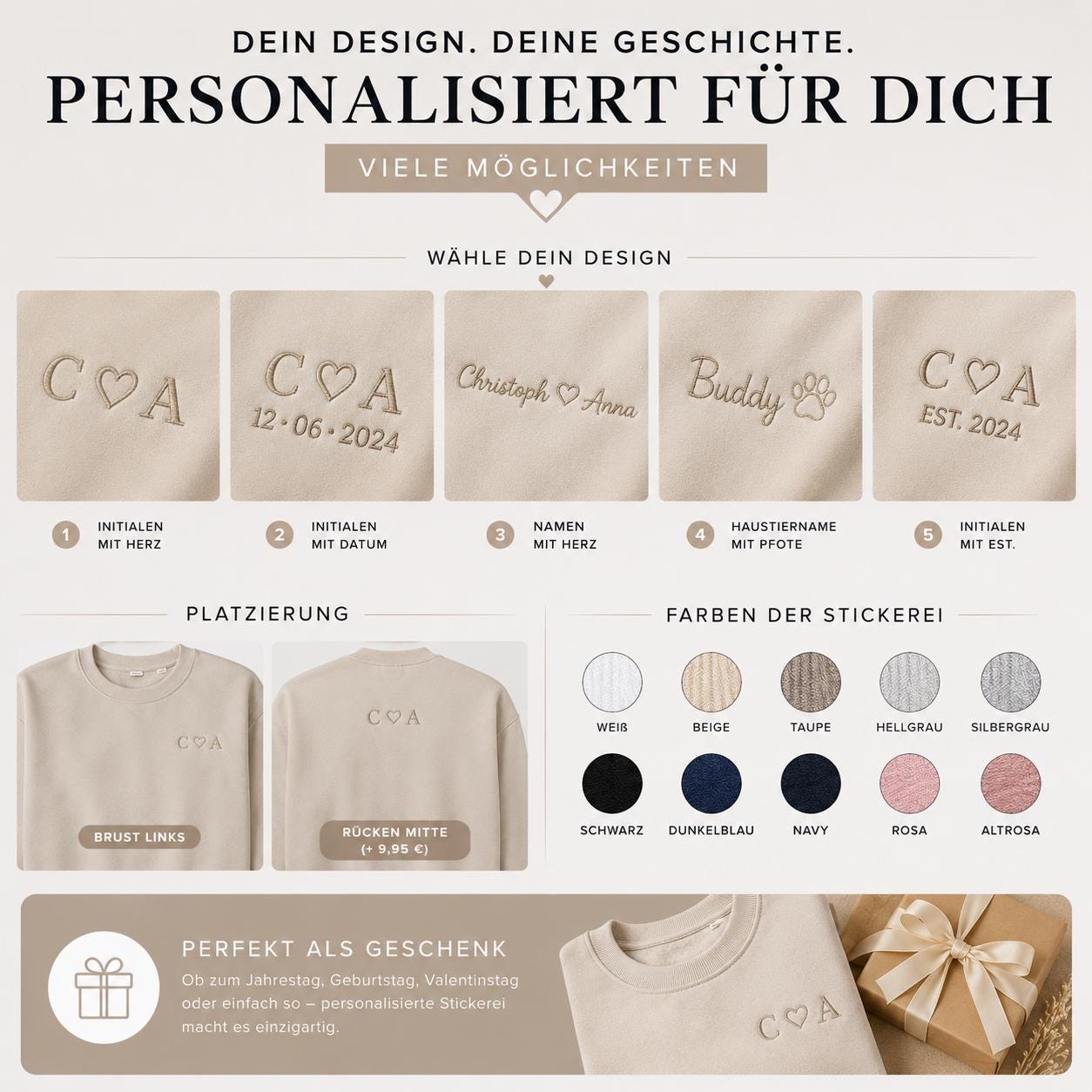 Personalisiertes Sweatshirt mit Initialen & Herz  Bestickter Unisex Oversized Sweater  Geschenk für Paare  Jahrestag   Couple Sweater