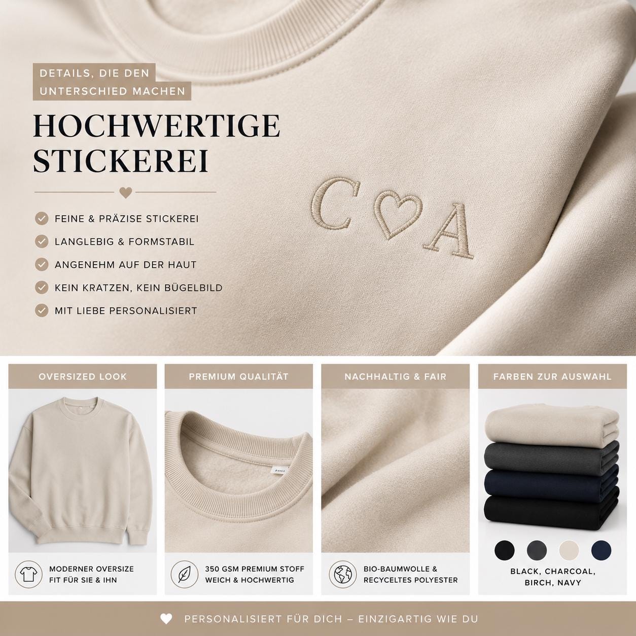 Personalisiertes Sweatshirt mit Initialen & Herz  Bestickter Unisex Oversized Sweater  Geschenk für Paare  Jahrestag   Couple Sweater