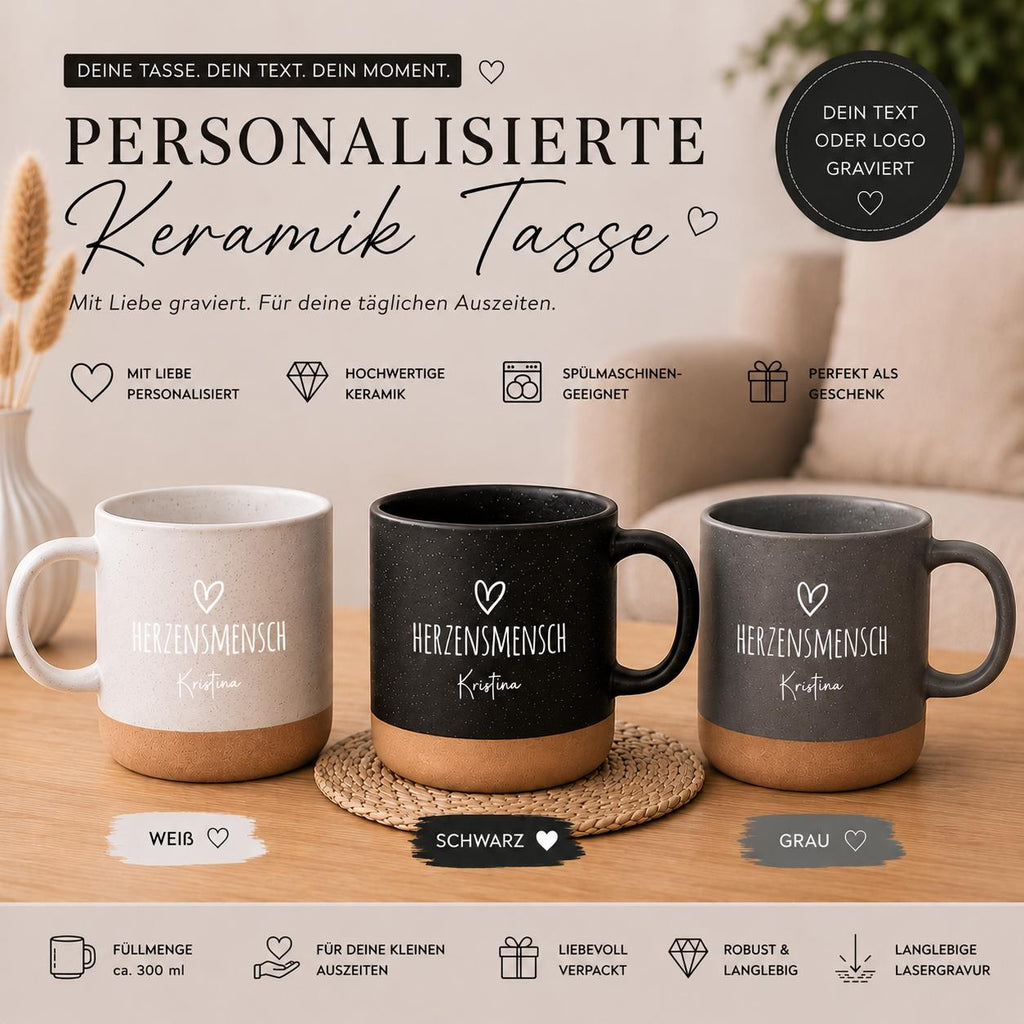 Personalisierte Keramiktasse mit Gravur Herzensmensch“ | 360 ml Tasse mit Namen, Geschenk für Frauen & Männer, Kaffee,Tee,Spülmaschinenfest