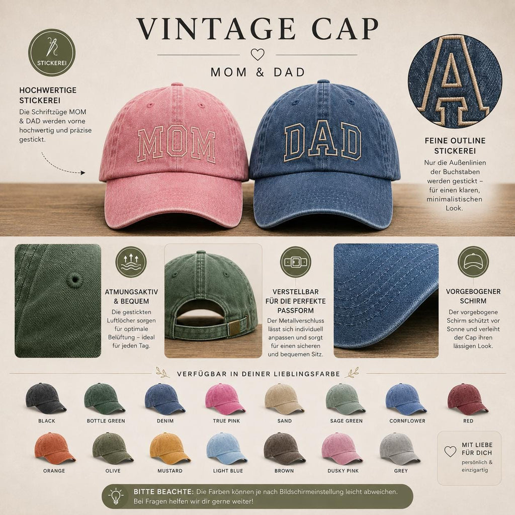 Vintage Cap für Papa oder Mama, personalisierte bestickte Retro Dad & Mom Cap, unisex Streetwear Baseball Hat, Geschenk für Frauen und Damen