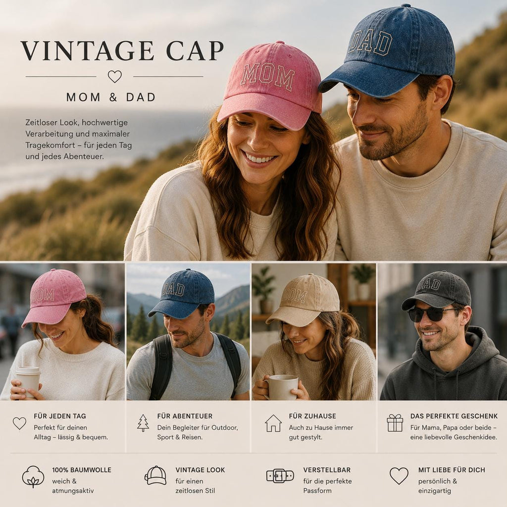 Vintage Cap für Papa oder Mama, personalisierte bestickte Retro Dad & Mom Cap, unisex Streetwear Baseball Hat, Geschenk für Frauen und Damen