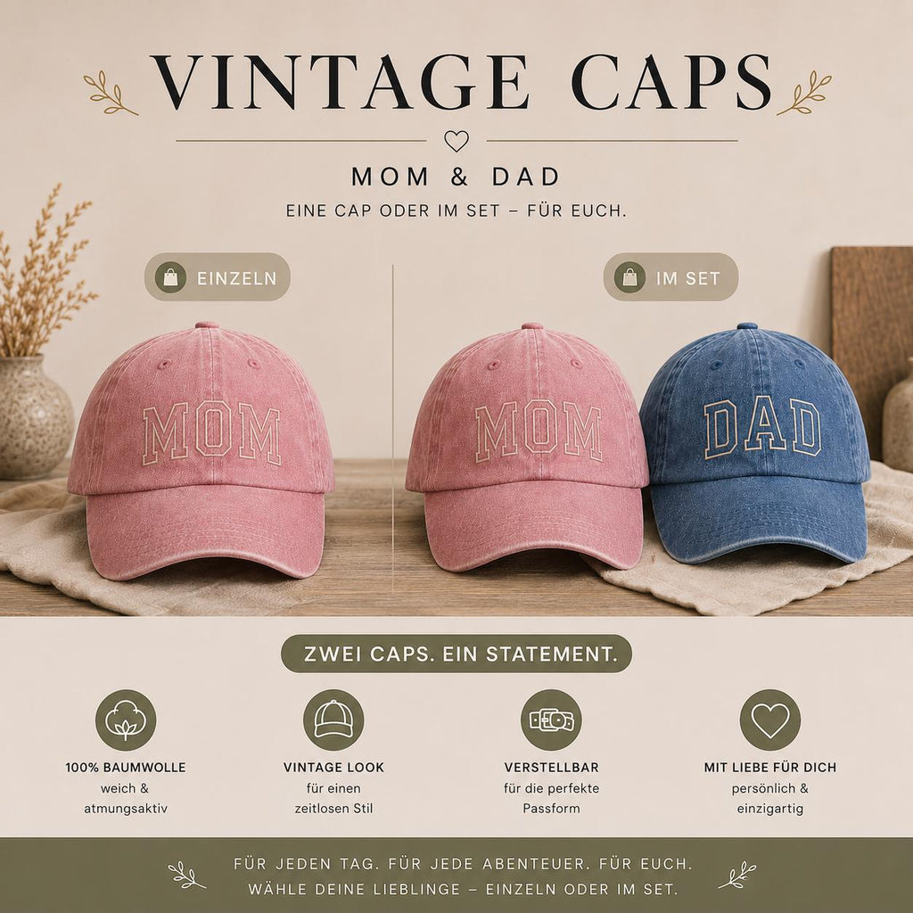 Vintage Cap für Papa oder Mama, personalisierte bestickte Retro Dad & Mom Cap, unisex Streetwear Baseball Hat, Geschenk für Frauen und Damen