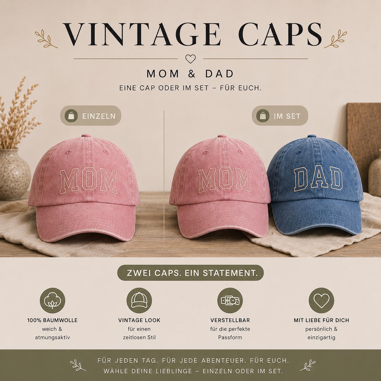 Vintage Cap für Papa oder Mama, personalisierte bestickte Retro Dad & Mom Cap, unisex Streetwear Baseball Hat, Geschenk für Frauen und Damen