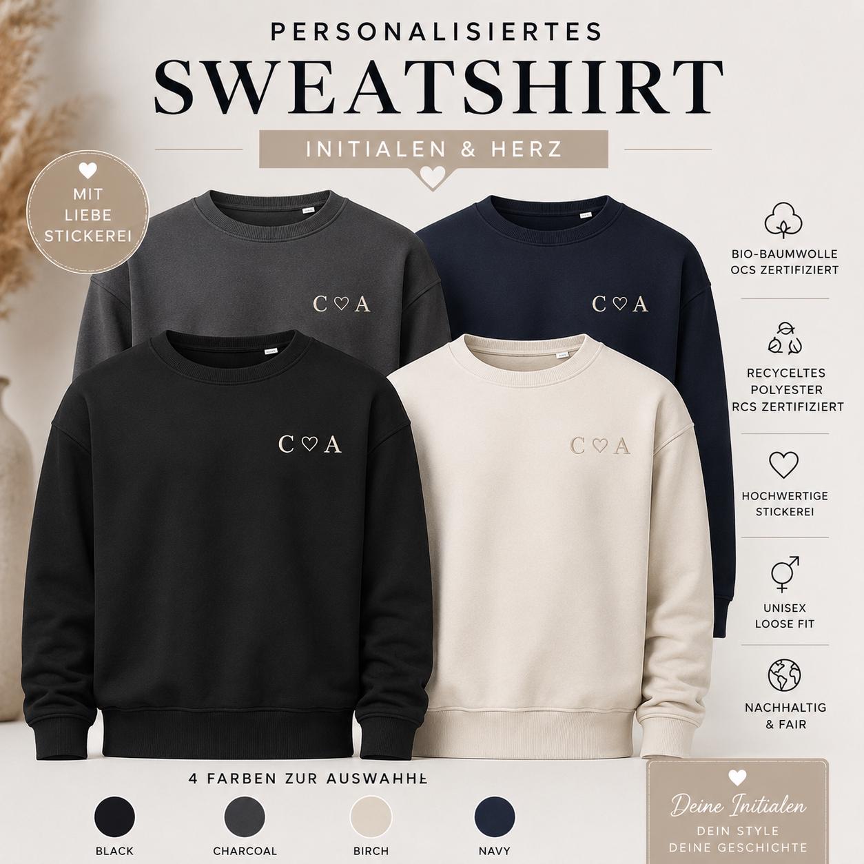 Personalisiertes Sweatshirt mit Initialen & Herz  Bestickter Unisex Oversized Sweater  Geschenk für Paare  Jahrestag   Couple Sweater