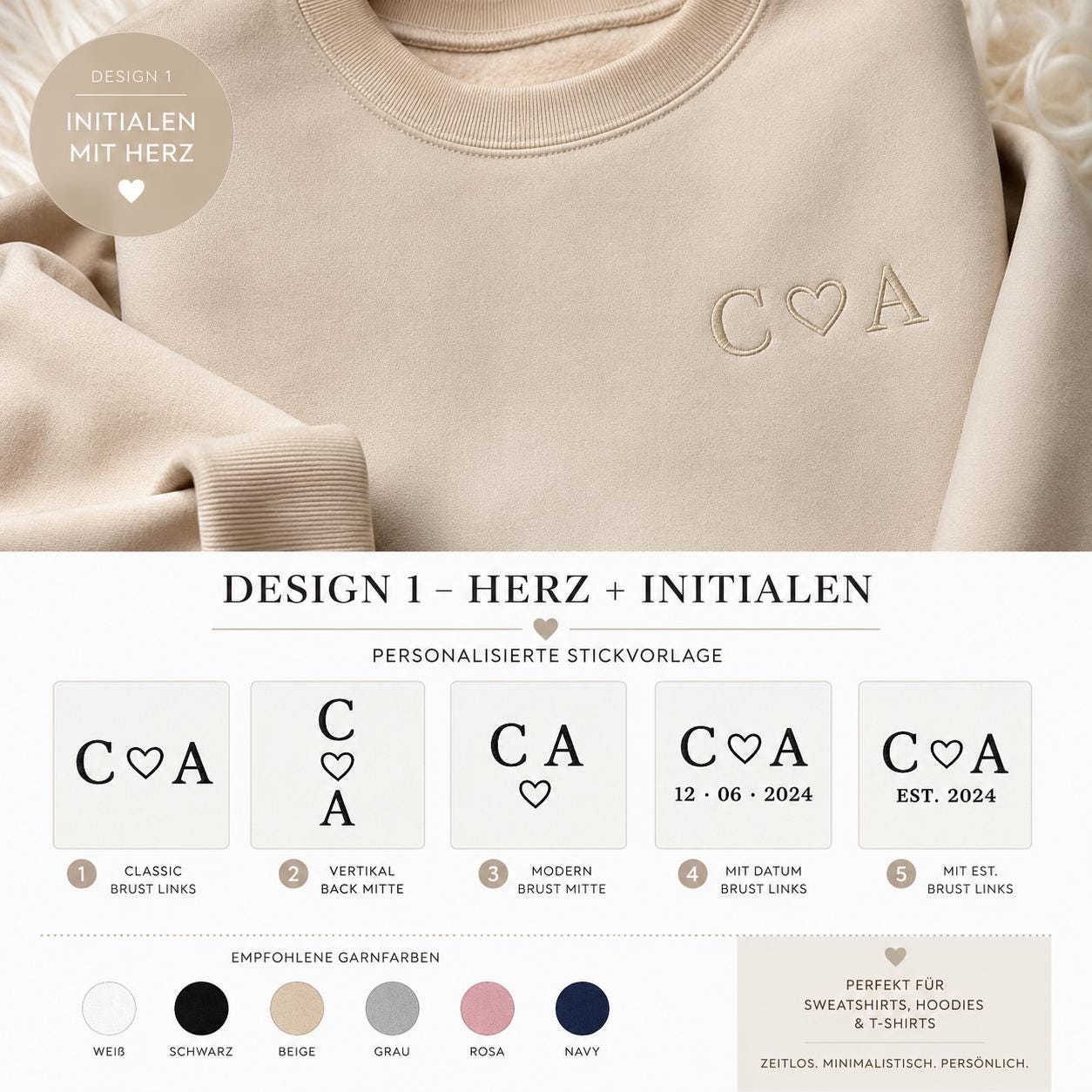 Personalisiertes Sweatshirt mit Initialen & Herz  Bestickter Unisex Oversized Sweater  Geschenk für Paare  Jahrestag   Couple Sweater