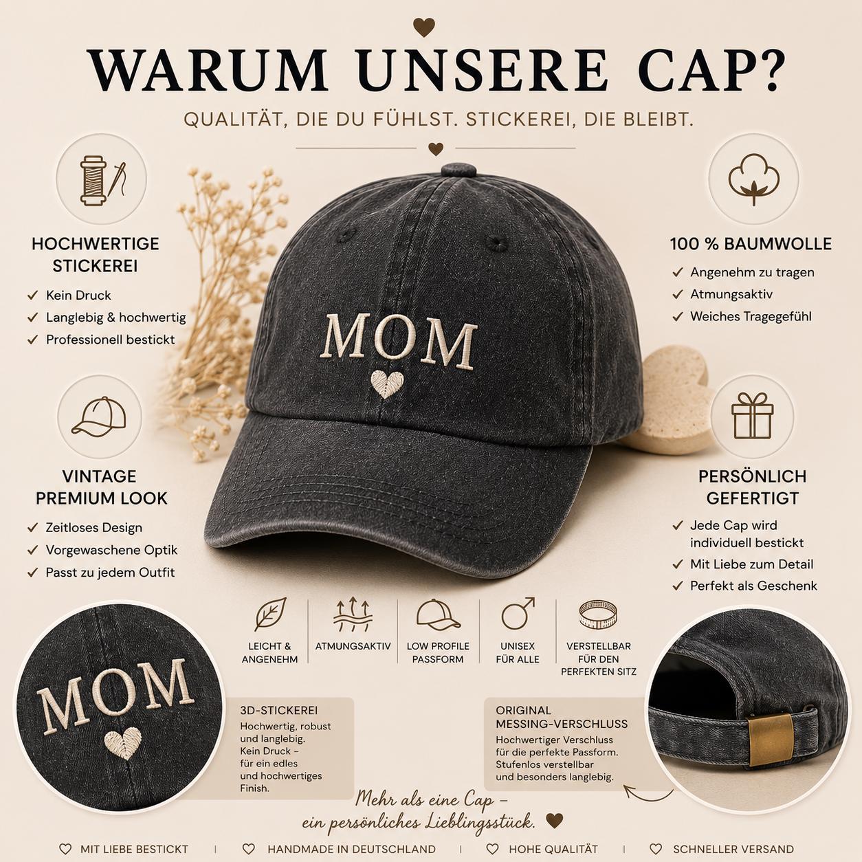 MOM Cap Bestickt | Vintage Baseball Cap für Mama | Gestickte Mütze | Muttertagsgeschenk | Geschenk für Mama | Baumwoll Cap Damen