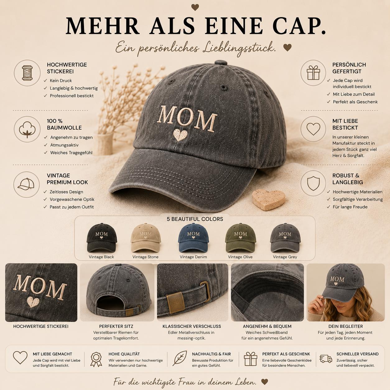 MOM Cap Bestickt | Vintage Baseball Cap für Mama | Gestickte Mütze | Muttertagsgeschenk | Geschenk für Mama | Baumwoll Cap Damen